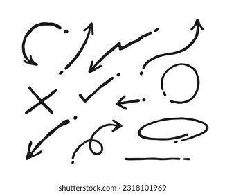 Set of straight and curved arrows, checkmarks and crosses, hand-drawn elements. vector