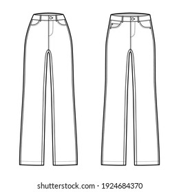 Set of Straight Denim Jean pants. Technical fashion illustration with full length and normal low waist with high rise and 5 pockets with Rivets. Flat template front, white color style. Women' CAD mockup