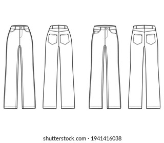 Set of Straight Jeans Denim pants technical fashion illustration with full length, normal low waist, high rise, 5 pockets, Rivets. Flat bottom template front, back, white color. Women, men, CAD mockup