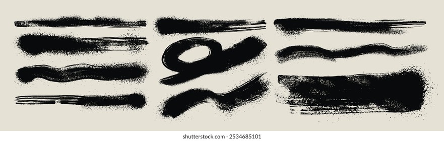 Conjunto de pinceladas de línea recta. Rayas atrevidas dibujadas a mano, frotis. Pinceladas caligrafía chino, japonés, coreano. Cuadros de texto rectangulares de esbozo de Vector. Conjunto de textura de línea de pintura gruesa grunge negro.