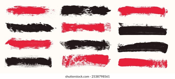 Set of straight line hand drawn brush strokes. Stripes, smears dry brush strokes on canvas. Chinese or Japanese calligraphy. Vector sketch rectangle text boxes. Rough grunge thick paint line texture.