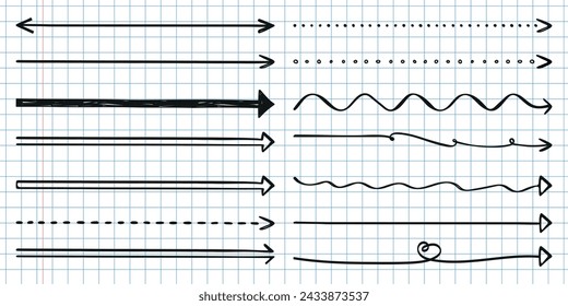 Set of straight long and curly arrows.