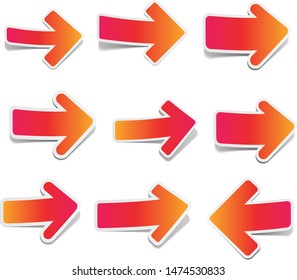 Set of straight paper colorful sticker isolated arrows on white background - Vector illustration.
