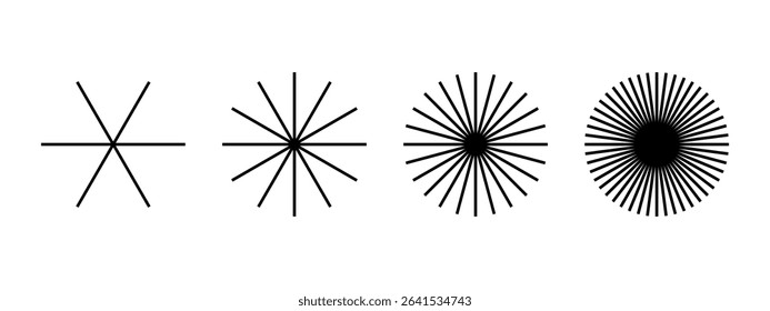 Set of straight radial lines shapes. Collection of sun rays icons isolated on white background. Radiance, explosion, snowflake or firework symbols. Vector graphic illustration.