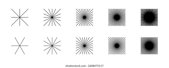 Set of straight radial lines in square frames. Sun rays or snowflakes symbols isolated on white background. Radiance, explosion or firework patterns. Vector graphic illustration.