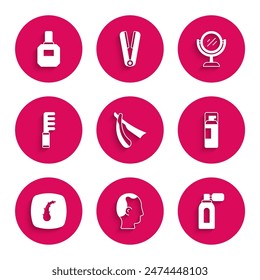 Set Straight razor, Baldness, Aftershave with atomizer, Shaving gel foam, Human hair follicle, Hairbrush, Hand mirror and  icon. Vector