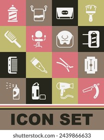 Set Straight razor, Blade, Barber shop pole, Barbershop chair, Hairbrush,  and Mustache and beard icon. Vector