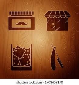 Set Straight razor, Cream or lotion cosmetic jar, Glass of whiskey and ice cubes and Barbershop building on wooden background. Vector