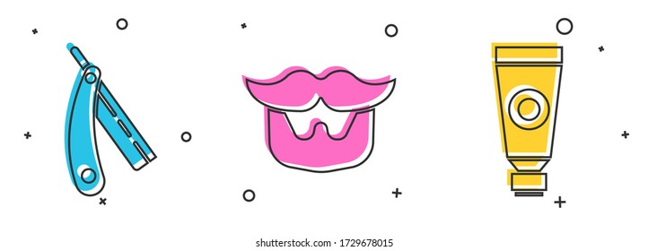 Indique el icono de la navaja, el bigote y la barba y el tubo cosmético de crema o loción. Vector