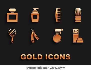 Set Straight razor, Shaving brush, gel foam, Hairdresser pistol spray bottle, Hand mirror, Hairbrush, Aftershave and Bottle of shampoo icon. Vector