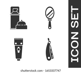 Set Straight razor, Shaving gel foam, Electrical hair clipper or shaver and Hand mirror icon. Vector