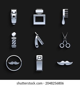 Set Straight razor, Shaving gel foam, Mustache, Scissors hairdresser, Classic Barber shop pole, Hairbrush and Electrical clipper shaver icon. Vector