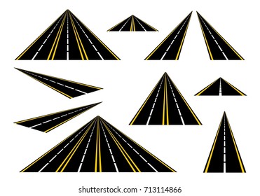 Set straight roads and highways with yellow lines on the roadside and a broken white center line on a white background. Black road with one, two, three and four lanes