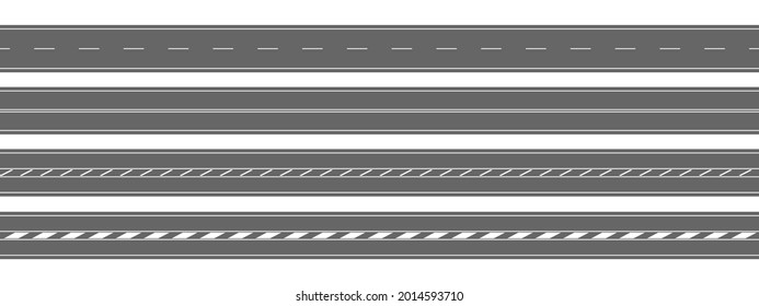 Set of straight roads. Horizontal top view. Empty highways with different markings isolated on white background. Seamless roadway templates. Elements of city map. Vector flat illustration.