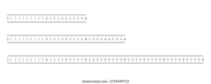 Set of straight rulers measuring 20, 30 and 50 cm or inch scale, isolated on a transparent background. Blank measuring scale indicator. Template scale for a ruler in inches or centimeters. Vector. PNG