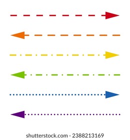 A set of straight thin rainbow multi-colored arrows of different shapes. Minimalistic dotted signs, playful lines isolated on a white background.
