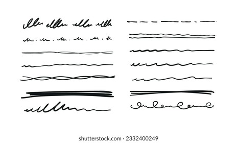Set of straight, wavy and broken line doodles in pen, pencil underline, vector doodles, hand drawn design elements isolated on white background. Collection of symbols for decor.