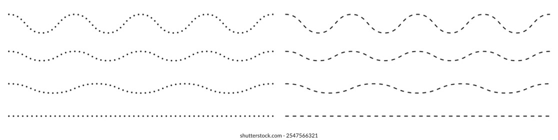 Conjunto de traços retos e em ziguezague e linhas de pontos com traçado editável. Ilustração vetorial 