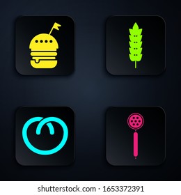 Set Strainer spoon , Burger , Pretzel  and Cereals with rice, wheat, corn, oats, rye. Black square button. Vector