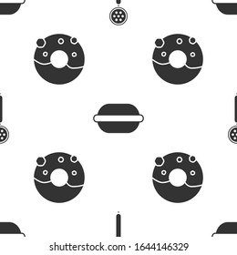 Set Strainer spoon , Macaron cookie  and Donut with sweet glaze  on seamless pattern. Vector
