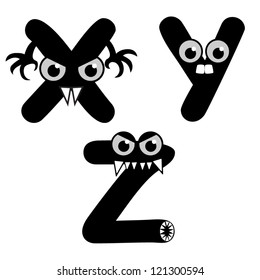 A set of strange creature font type, letter X to Z