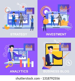 Set Strategy Analytics Investment Business Blog. Vector Illustration on Color Background. Men in Suits Build Working Relationships set Goals and Directions for Successful Development Company.
