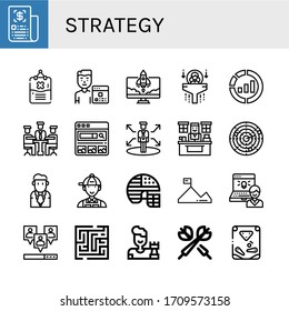 Set Of Strategy Icons. Such As Business, Rules, Programmer, Startup, Human Resources, Marketing, Meeting, Search Engine, Decision, Office, Dart, Businessman, Manager , Strategy Icons