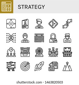 Set of strategy icons such as Description, Focus, Skills, Marketing, Intersection, Skill, Referee, Scoreboard, Entrepreneur, Programmer, Time management, Office, Darts , strategy