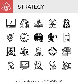 Set of strategy icons. Such as Focus, Video marketing, Meeting, Startup, Target, Knight, Marketing, Football helmet, Plan, Darts target, Shareholder, Coordinator , strategy icons