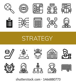 Set of strategy icons such as Target, Goals, Skill, Tic tac toe, Seo, Meeting, Coordinator, Hockey, Startup, Manager, Human resources, Organization, Digital, Chess , strategy