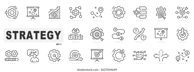 Set of strategy related line icons. Plan, target, solution, challenge etc. Editable stroke. Set 3