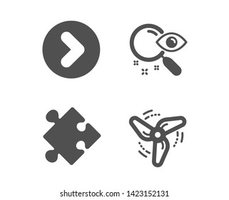 Set of Strategy, Search and Forward icons. Wind energy sign. Puzzle, Find document, Next direction. Ventilator.  Classic design strategy icon. Flat design. Vector