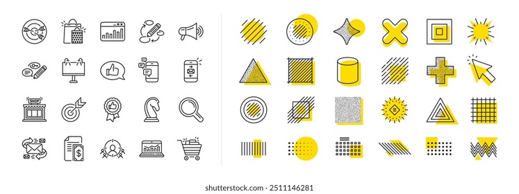 Set of Strategy target, Feedback, Advertisement campaign icons. Design shape elements. Marketing, research line icons. Research marketing, Communication and Keywords. Vector