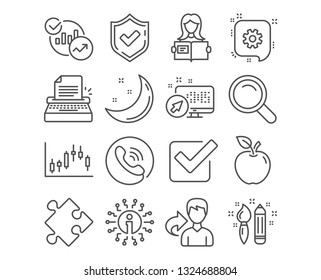 Set of Strategy, Woman read and Candlestick graph icons. Cogwheel, Creativity and Checkbox signs. Typewriter, Statistics and Search symbols. Puzzle, Girl studying, Finance chart. Vector