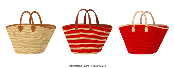 Set of straw bags with different handles, colorful shopping tote bags, summer beach bags vector illustration sketch template on white background