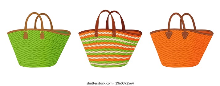 Set of straw bags with different handles, colorful shopping tote bags, summer beach bags vector illustration sketch template on white background