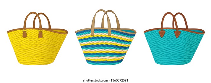 Set of straw bags with different handles, colorful shopping tote bags, summer beach bags vector illustration sketch template on white background