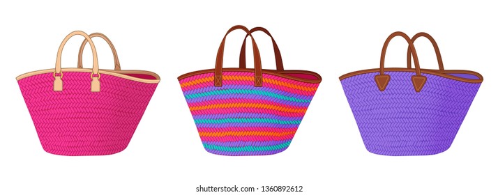 Set of straw bags with different handles, colorful shopping tote bags, summer beach bags vector illustration sketch template on white background