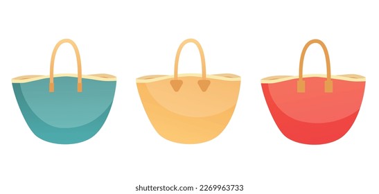 Set of straw bags with different handles, colorful shopping tote bags, summer beach bags vector illustration