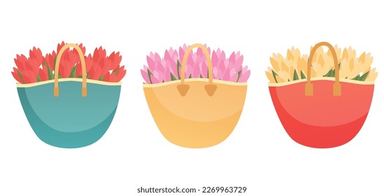 Set of straw bags with different tulips, colorful shopping tote bags, summer beach bags vector illustration