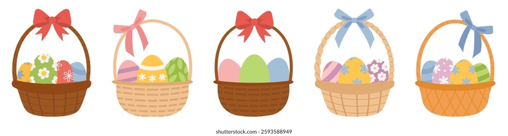 Set of straw Easter wicker baskets with painted decorative eggs and gift ribbon bows