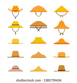 Set of straw hats. Caps for gardener and farmer. Icons isolated on white background. Vector illustration in flat design.