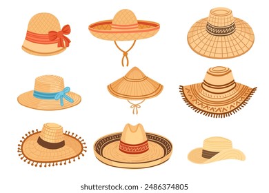 Set of straw hats from different cultures vector illustration isolated on white background