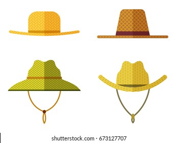 Conjunto de sombreros de paja para jardinero y granjero. Iconos aislados en fondo blanco. Ilustración vectorial en diseño plano.