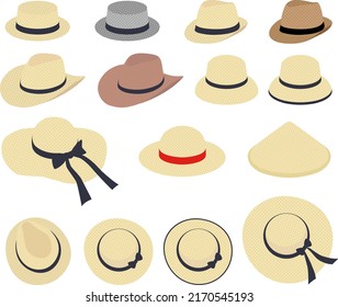 The set of straw hats isolated on white background