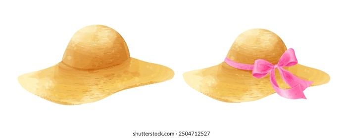 Conjunto de sombreros de paja. Ilustraciones de acuarela de Vector de sombrero con lazo rosa