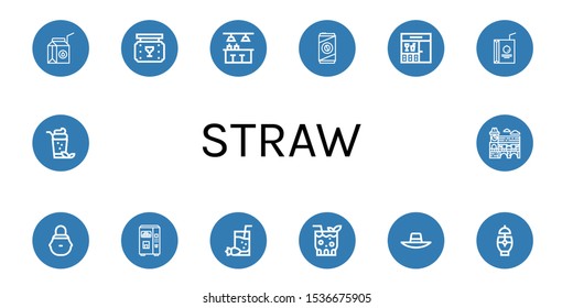 Set of straw icons. Such as Milk box, Bar, Cold coffee, Juice box, Wicker basket, Juice, Cocktail, Sunhat, Mimosa , straw icons