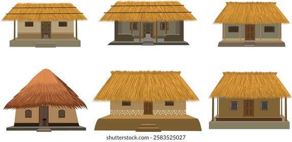 set of straw roof hut vector design. Collection of mud cottage house with tatched hay roof	
