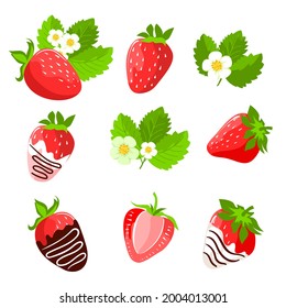 A set of strawberries. Berries, flowers, leaves and strawberries in chocolate. Vector, isolated on a white background.