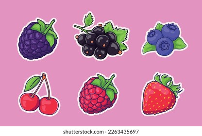 con fresas, moras, arándanos, grosellas, grosellas, frambuesas, cerezas. Pegatinas de bayas de dibujos animados